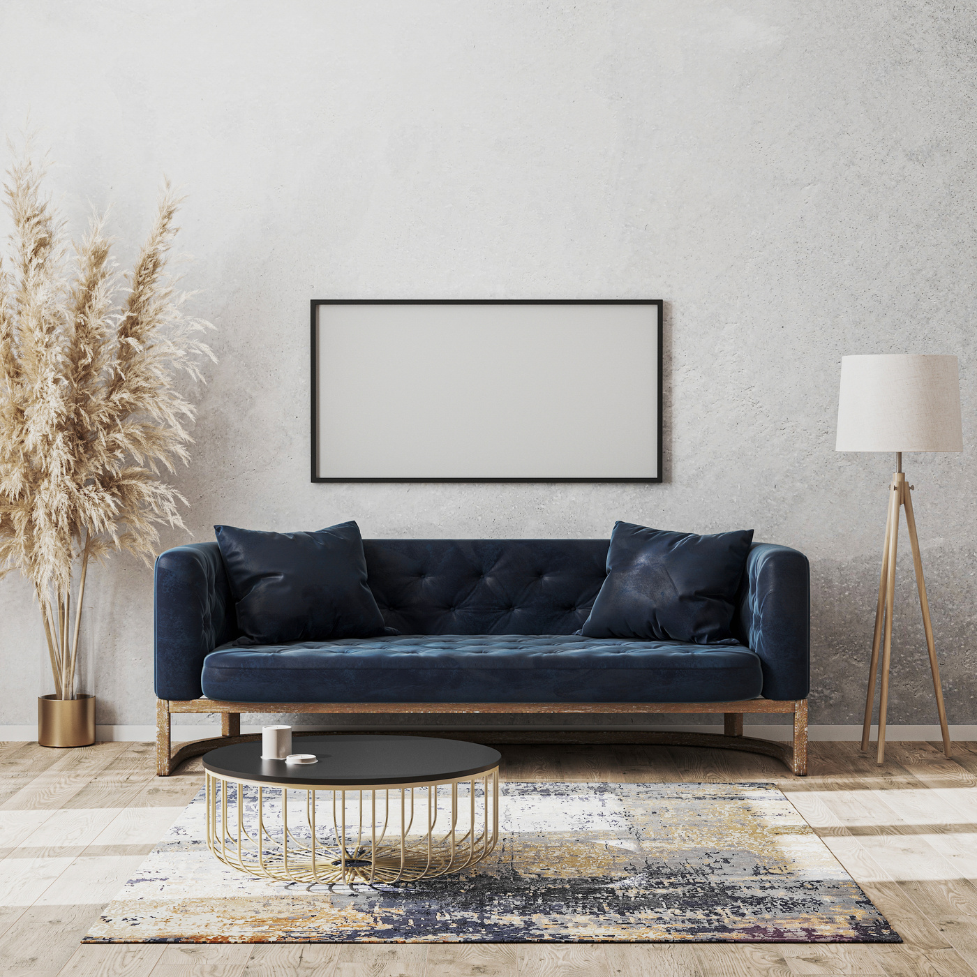 Blank Frame Hanging Over a Living Room Couch